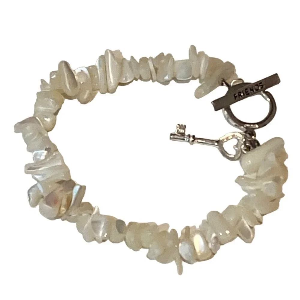 Mother of Pearl Beaded Bracelet Friends Sterling Silver Skeleton Key Charm Clasp